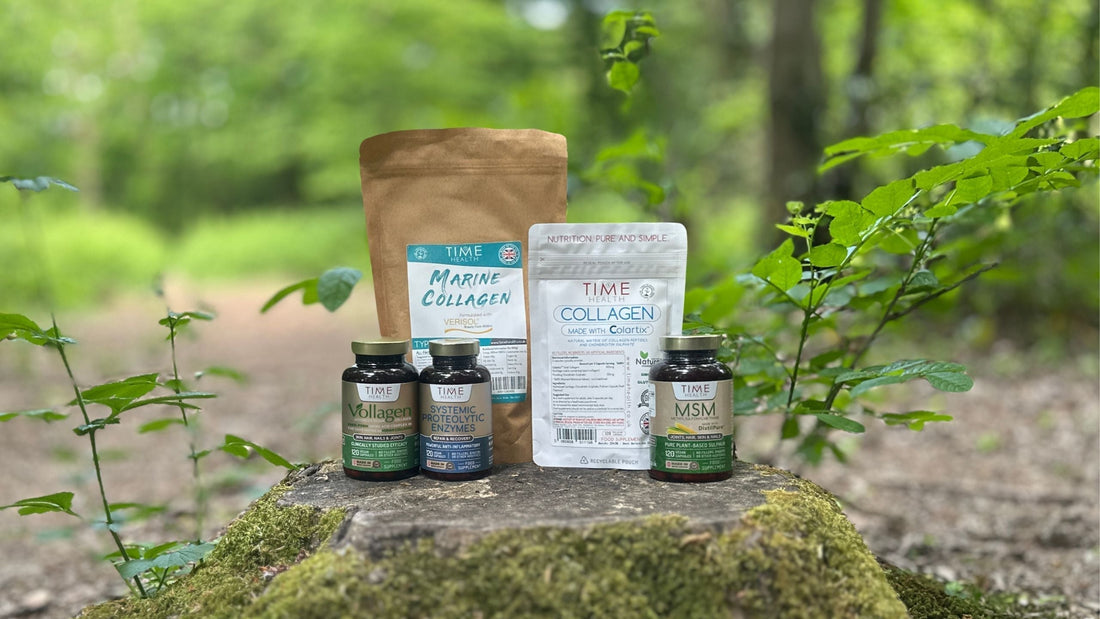 Time Health Marine collagen, bovine colartix collagen, vegan collagen, systemic proteolytic enzymes, and MSM supplements on a tree stump - uk forest.