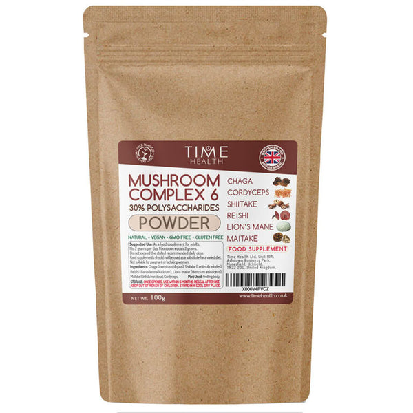 Mushroom complex 6 powder package with Time Health label on a white background