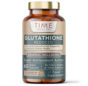 Bottle of Time Health Glutathione Reduced 60 Capsules supplement on a white background