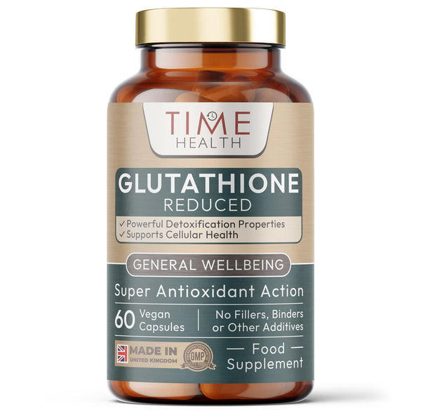 Bottle of Time Health Glutathione Reduced 60 Capsules supplement on a white background
