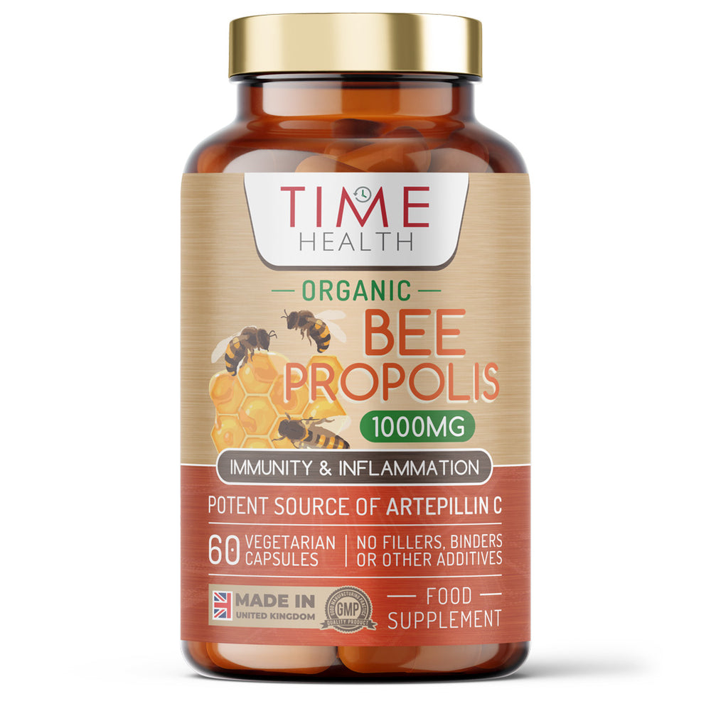 Bottle of Time Health Organic Bee Propolis supplement on a white background