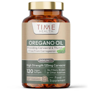 Bottle of Time Health Oregano Oil supplement on a white background