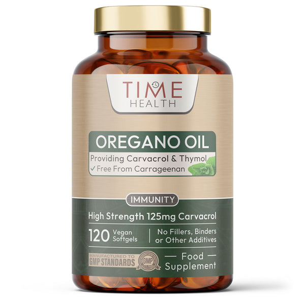 Bottle of Time Health Oregano Oil supplement on a white background