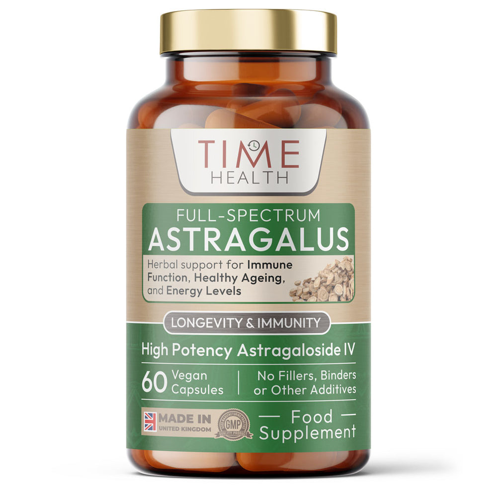 Bottle of Time Health Full-Spectrum Astragalus capsules on a white background