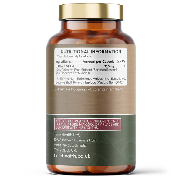 Saw Palmetto – 45% Fatty Acids – Premium Brand USPlus Derm ® – Hair Loss Support – 60 Capsules