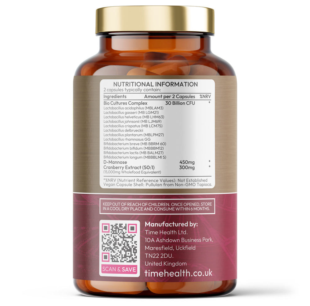 Intimate Flora for Women - Bio Cultures - 30 Billion CFU - Vaginal Microbiome & UTI Support - Probiotics, Cranberry, D-Mannose - 120 Capsules