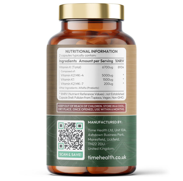 Vitamin K Complex - Active Forms K1 + K2 (MK-7 & MK-4) - 6700μg per Serving - Heart & Bone Health - 60 Capsules