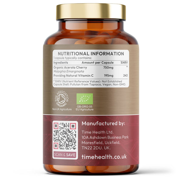 Nutritional information label of Time Health's Organic Acerola Cherry vitamin C capsules on a white background