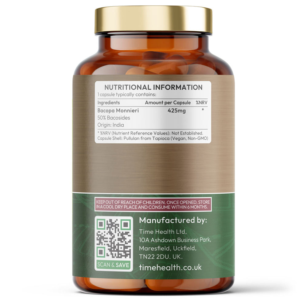 Bottle of Time Health High Strength Bacopa with nutritional information label on a white background