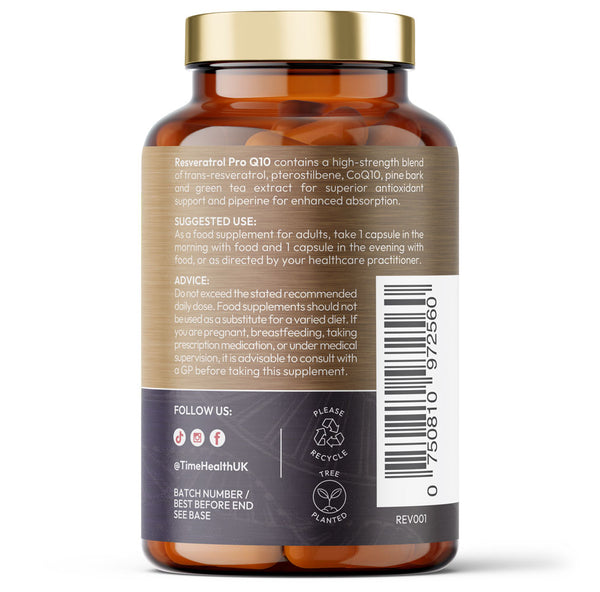 Resveratrol Pro Q10 - Trans-Resveratrol, Coenzyme Q10, Pterostilbene, Pine Bark, Green Tea, Grape Skin, Piperine