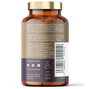 Bottle of Time Health Magtein Magnesium L-Threonate supplement on a white background