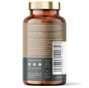 Back view of a bottle of Time Health's ButiShield Calcium Butyrate with label and barcode on a white background