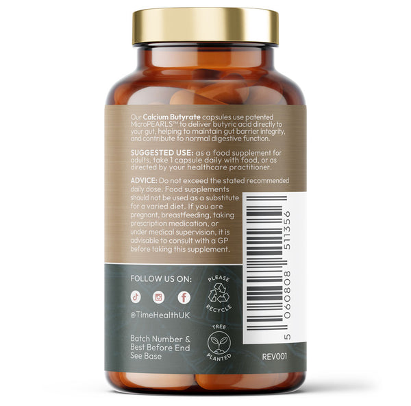 Back view of a bottle of Time Health's ButiShield Calcium Butyrate with label and barcode on a white background