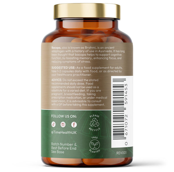 Back label of Bottle of Time Health High Strength Bacopa with text and branding on a white background
