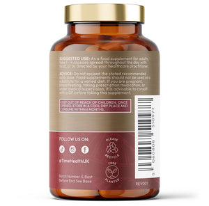 Rear view of a bottle of Time Health Organic Acerola Vitamin C supplement on a white background