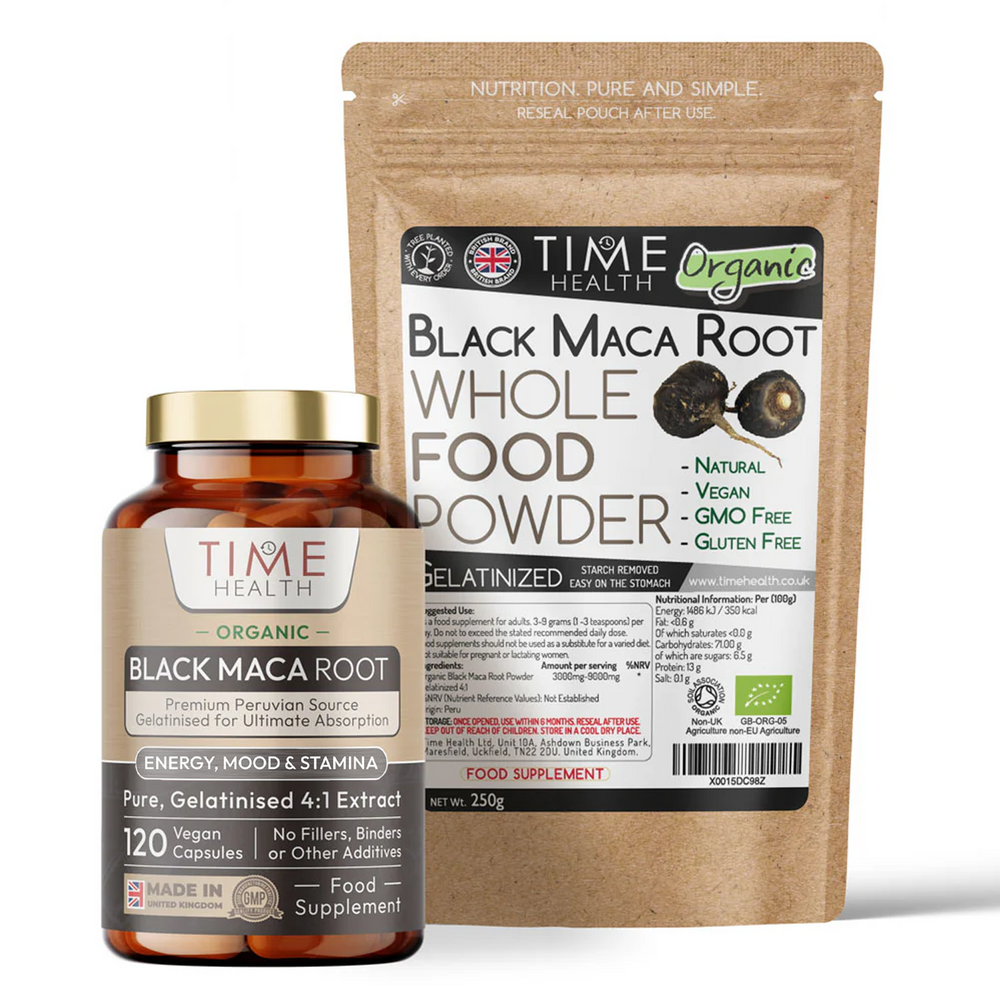 Time Health Black Maca Root supplement bottle and powder package on a white background