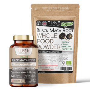 Time Health Black Maca Root supplement bottle and powder package on a white background