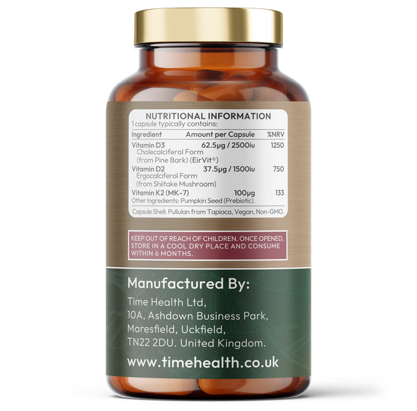 Typical amount per capsule:
Vitamin D3 as Cholecalciferol (Pine Bark) (EirVit) 62.5ug/2500IU
Vitamin D2 Ergocalciferol (from Shiitake Mushroom) 37.5ug/1500IU
Vitamin K2 (MK-7) 100ug. Also includes Pumpkin Seed (prebiotic)