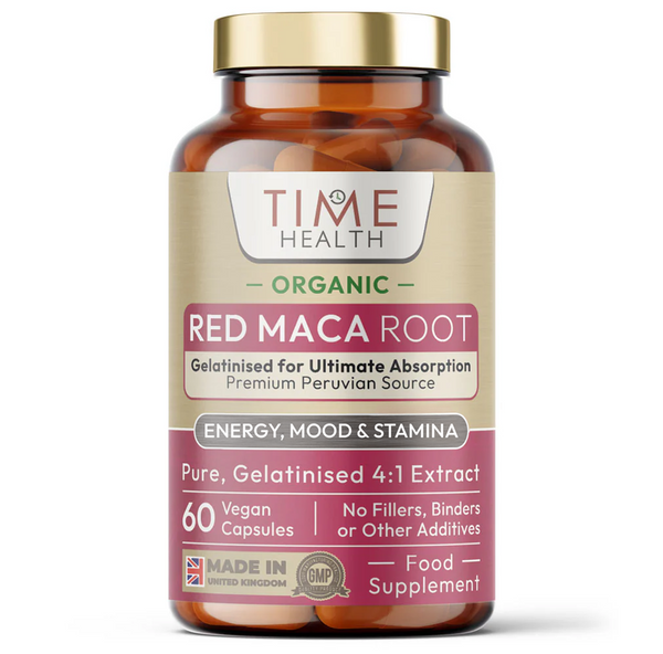 Bottle of Time Health Organic Red Maca Root capsules on a white background
