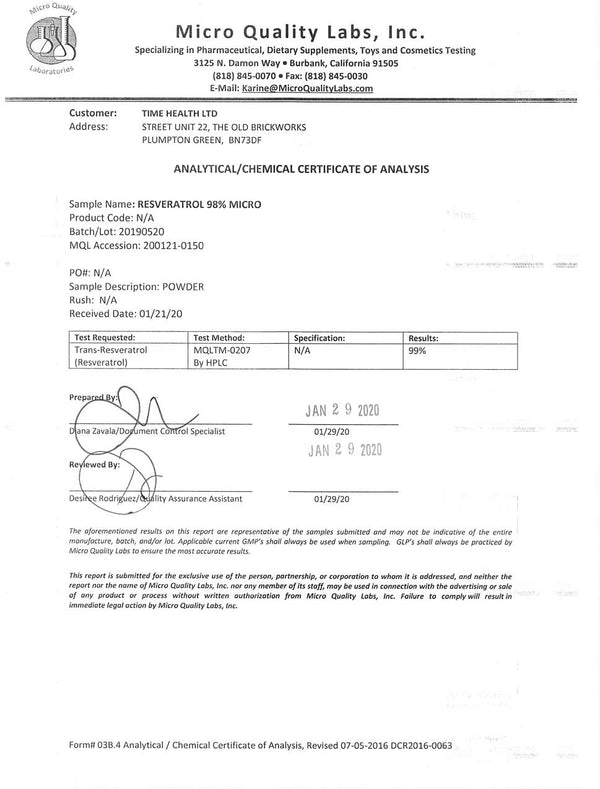 Resveratrol - 98% Micronized - Optimum Bioavailability