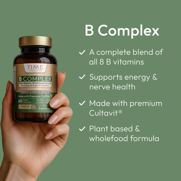 Time Health Vitamin B Complex - Whole Food & Plant-Based with Cultavit® - Energy & Nerves | Hover