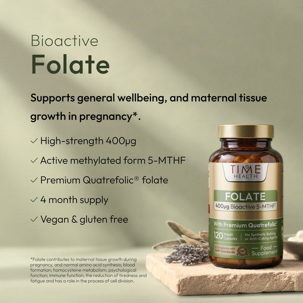 Supports general wellbeing, and maternal tissue growth in pregnancy*.

✓ High-strength 400ug
✓ Active methylated form 5-MTHF
✓ Premium Quatrefolic® folate
✓ 4 month supply
✓ Vegan & gluten free
[hover]