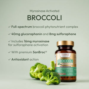 Myrosinase Activated BROCCOLI: Full-spectrum broccoli phytonutrient complex - 40mg glucoraphanin and 8mg sulforaphane - Includes 16mg myrosinase for sulforaphane activation - With premium SanBroc® - Antioxidant action