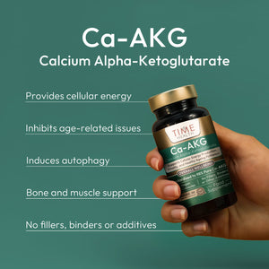 Bottle of Ca-AKG supplement held by a hand with a green background and text highlighting benefits. | Hover