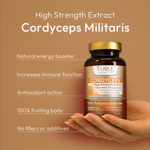 Time Health Cordyceps Militaris supplement bottle held by a hand on a brown background with product details. | Hover