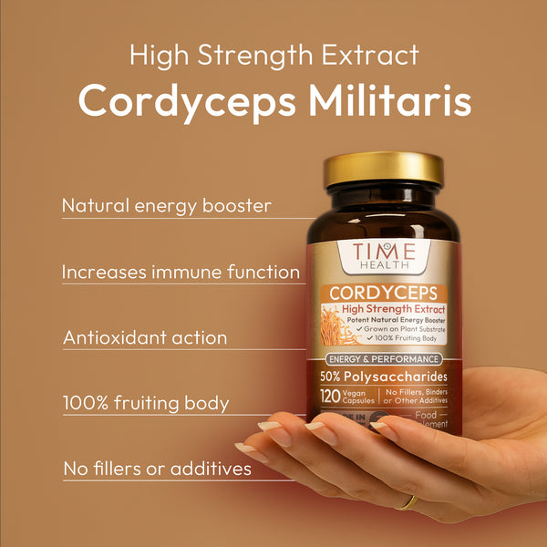 Time Health Cordyceps Militaris supplement bottle held by a hand on a brown background with product details. | Hover