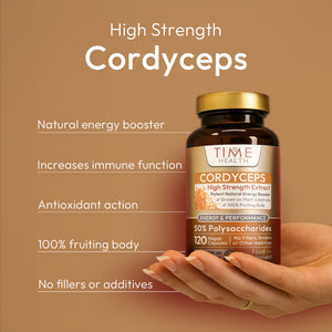 Time Health Cordyceps Militaris supplement bottle held by a hand on a brown background with product details. | Hover