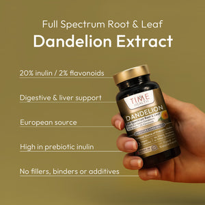 Hand holding a bottle of Timeless Health Dandelion Extract with product details on a green background | Hover