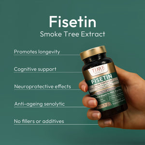 Bottle of Fisetin Smoke Tree Extract held by a hand with product details on a green background | Hover