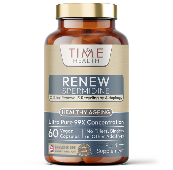 Renew - Spermidine - 6.5mg x 60 Capsules - 99% Purity Spermidine 3HCI - Promotes Autophagy - AMPK & SIRT1 Enzyme Activation - Gluten Free Time Health Bottle