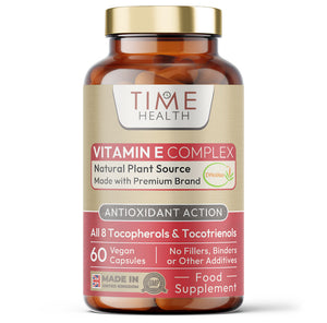 Vitamin E Complex Capsule Bottle - All 8 E Tocopherols & Tocotrienols - Plant-Based & Whole Food - Orangutan Friendly - Vegan - No Fillers, Binders or Flow Agents Time Health