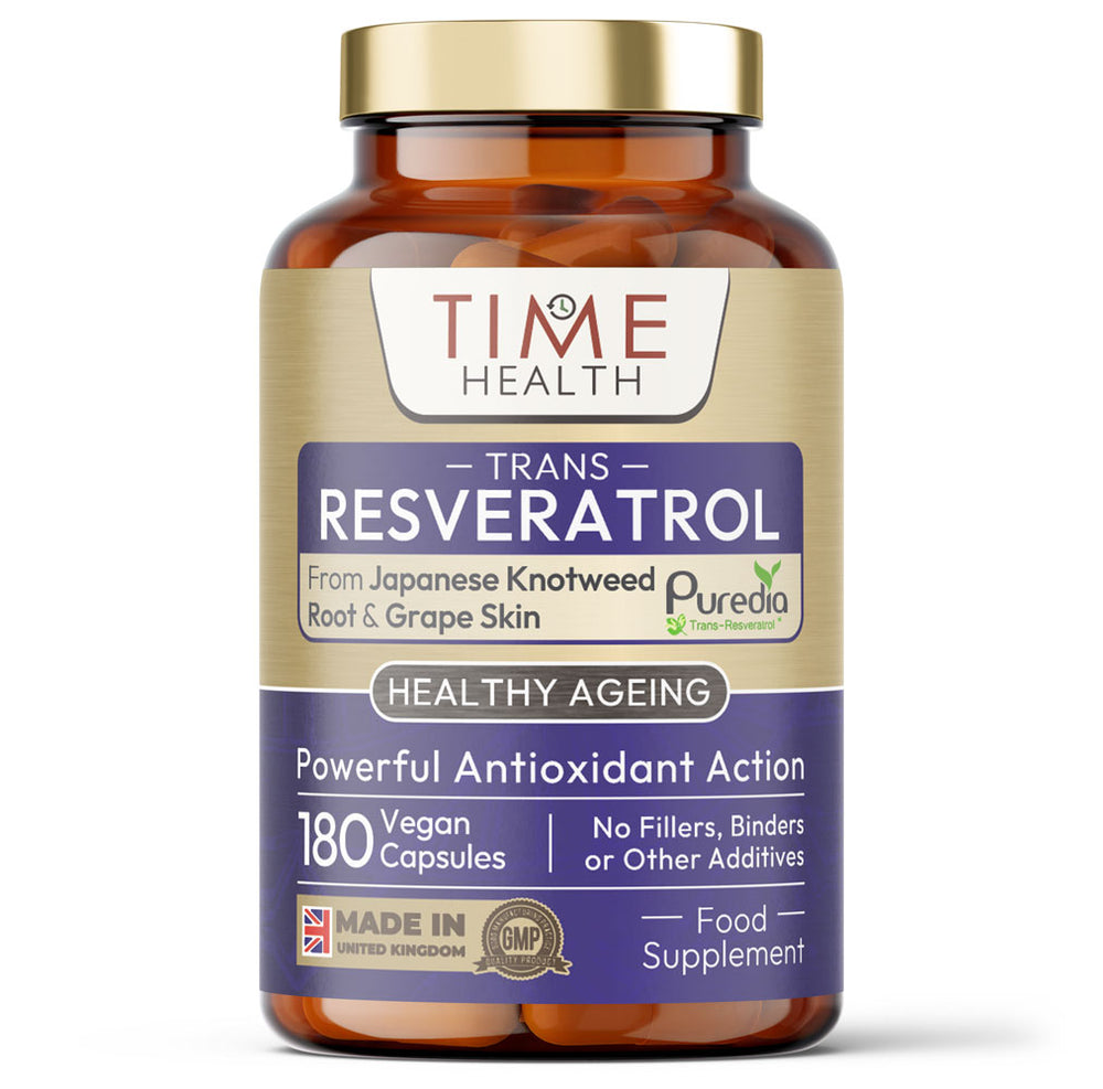 Trans Resveratrol - Premium Puredia - 180 Capsule Bottle - 3 Month Supply - Split Dosage for maximum benefits from Trans Resveratrol - UK Manufactured - Zero Additives Time Health