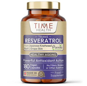 Trans Resveratrol - Premium Puredia - 180 Capsule Bottle - 3 Month Supply - Split Dosage for maximum benefits from Trans Resveratrol - UK Manufactured - Zero Additives Time Health
