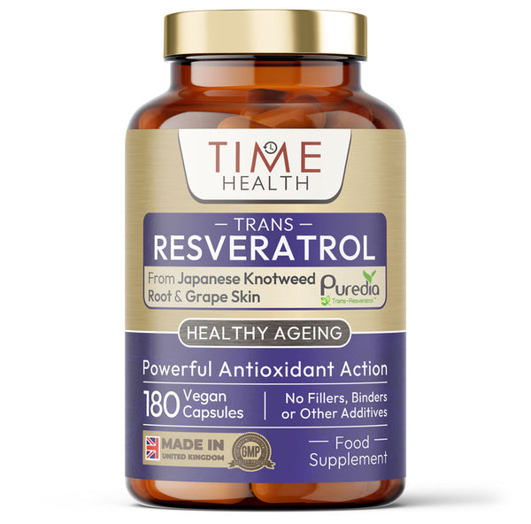 Trans Resveratrol - Premium Puredia - 180 Capsule Bottle - 3 Month Supply - Split Dosage for maximum benefits from Trans Resveratrol - UK Manufactured - Zero Additives Time Health