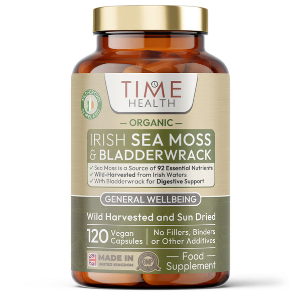 Bottle of Time Health Irish Sea Moss & Bladderwrack supplement on a white background