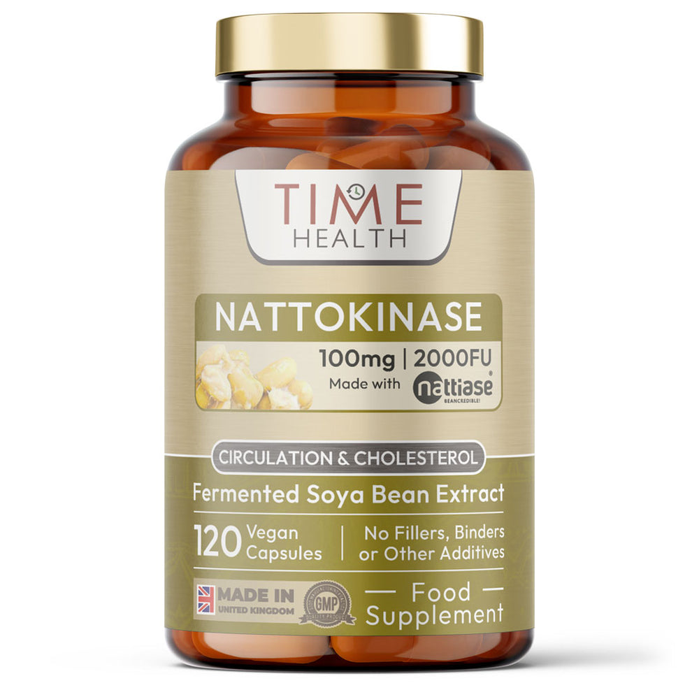 Bottle of Time Health Nattokinase capsules on a white background