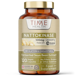 Bottle of Time Health Nattokinase capsules on a white background