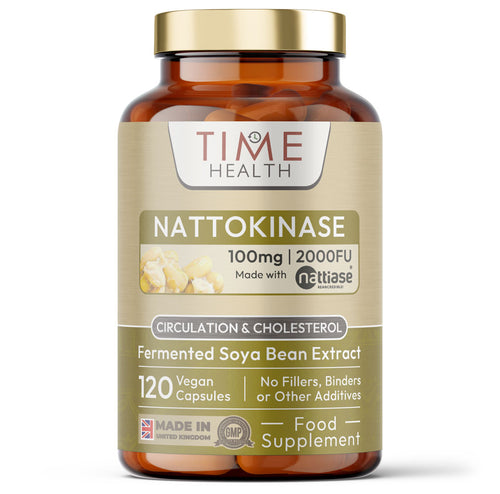 Bottle of Time Health Nattokinase capsules on a white background
