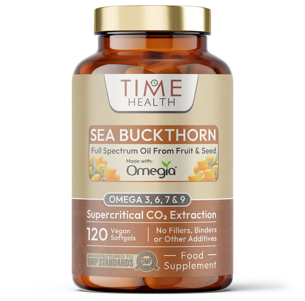 Time Health Sea Buckthorn supplement bottle on a white background