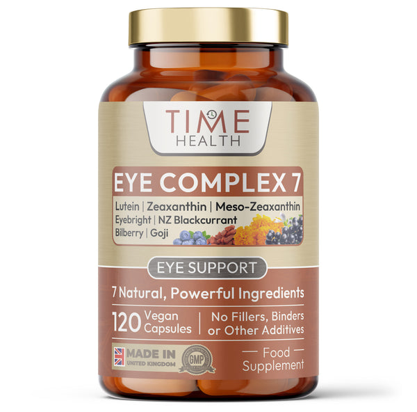 Eye Complex 7 – Eyebright, Lutein, Zeaxanthin, Meso-Zeaxanthin, New Zealand Blackcurrant, Bilberry, Goji – 120 Capsule Bottle Time Health