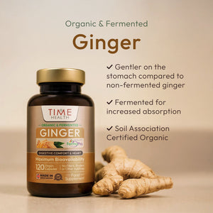 Time Health ginger supplement bottle with ginger root on a beige background. benefits include: Gentler on the stomach compared to non-fermented ginger; Fermented for increased absorption; Soil Association Certified Organic 
