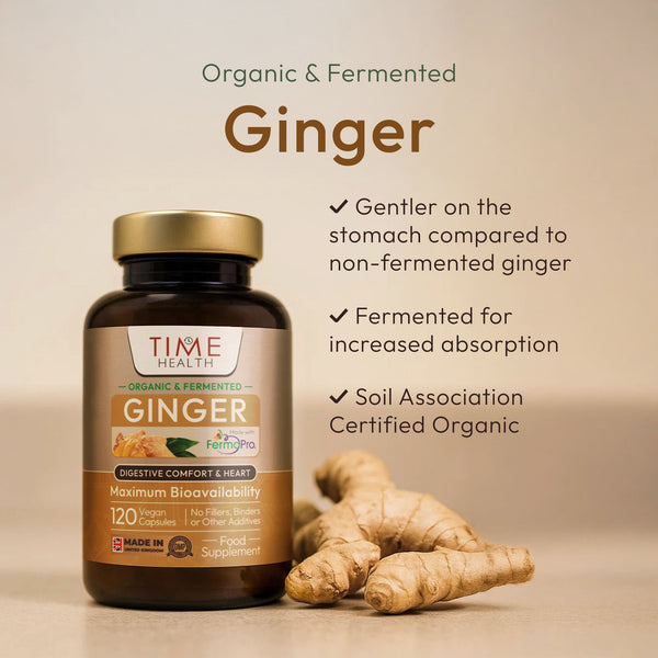 Time Health ginger supplement bottle with ginger root on a beige background. benefits include: Gentler on the stomach compared to non-fermented ginger; Fermented for increased absorption; Soil Association Certified Organic 