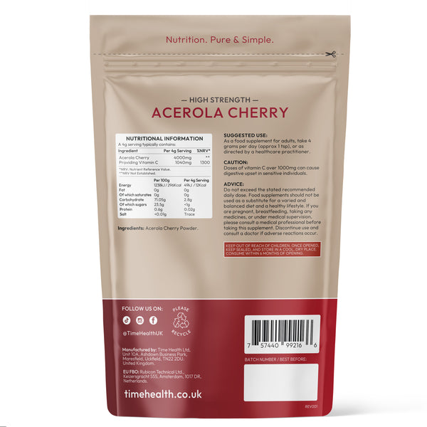 Back view of a stand-up pouch of Time Health High Strength Acerola Cherry powder, showing nutritional information, suggested use, caution, ingredients, and a barcode on a light gray background .A 250g stand-up pouch of High Strength Time Health Acerola Cherry Powder, 26% Natural Vitamin C, featuring a beige upper section and a dark red lower section with product details.