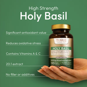 Time Health High Strength Holy Basil supplement bottle with text on a green background | Hover