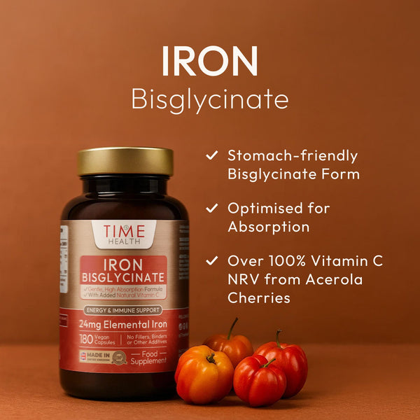 Time Health Iron Bisglycinate supplement bottle with acerola cherries on a brown background | Hover