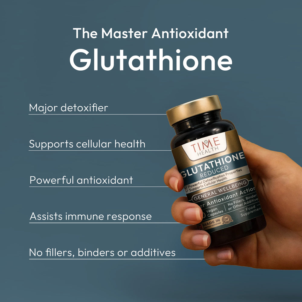 Bottle of Glutathione with text highlighting its benefits on a blue background | Hover